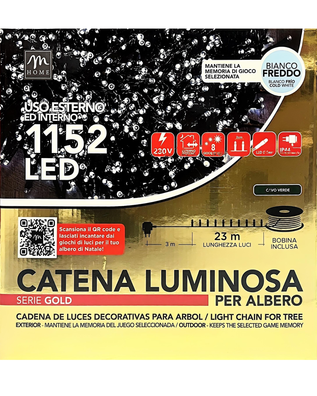 Catena Luminosa 1152 LED Bianco Freddo - Serie Gold con Cavo Verde (23m)