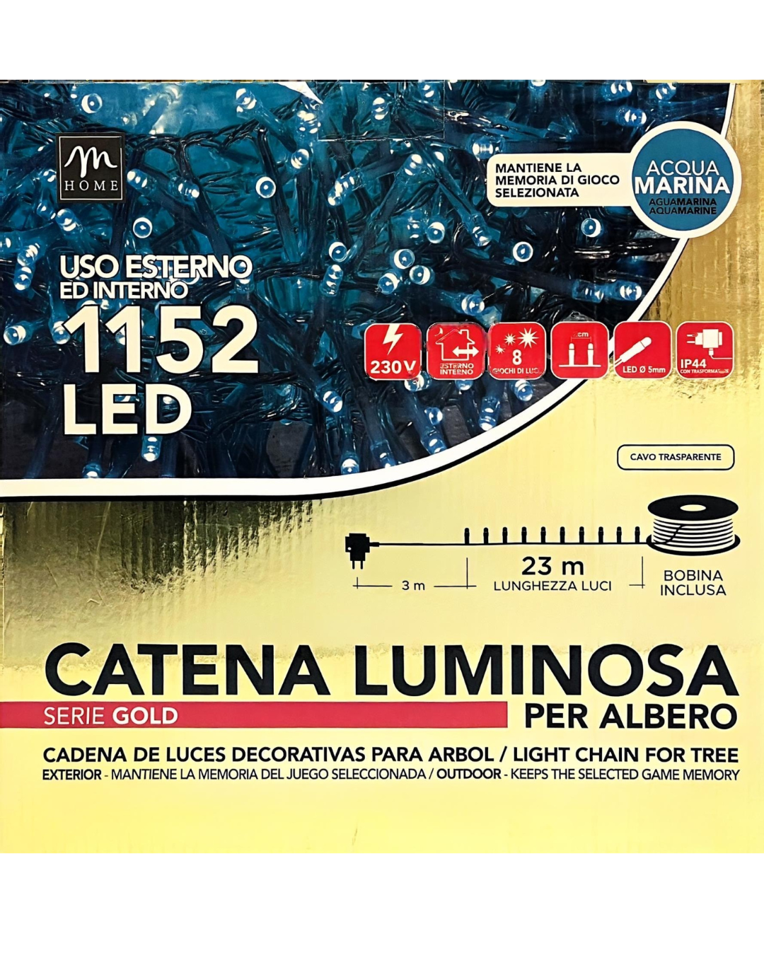 Catena Luminosa 1152 LED Acqua Marina - Serie Gold (23m) con Bobina