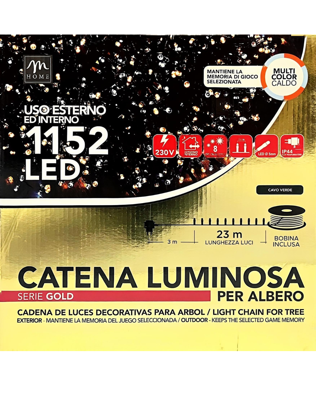 Catena Luminosa 1152 LED Multicolor Caldo - Serie Gold con Cavo Verde (23m)