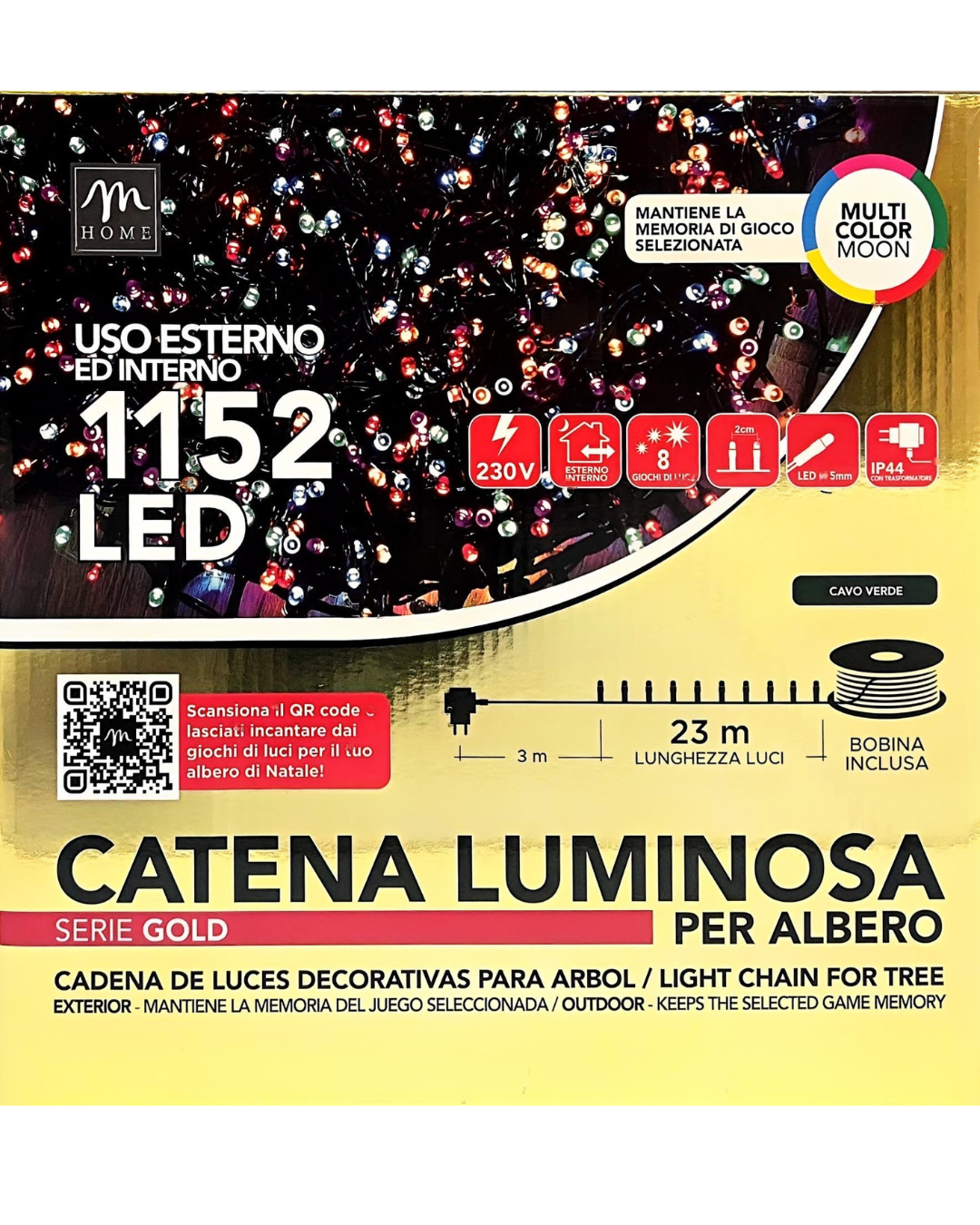 Catena Luminosa 1152 LED Multicolor Moon - Serie Gold (23m) con Cavo Verde