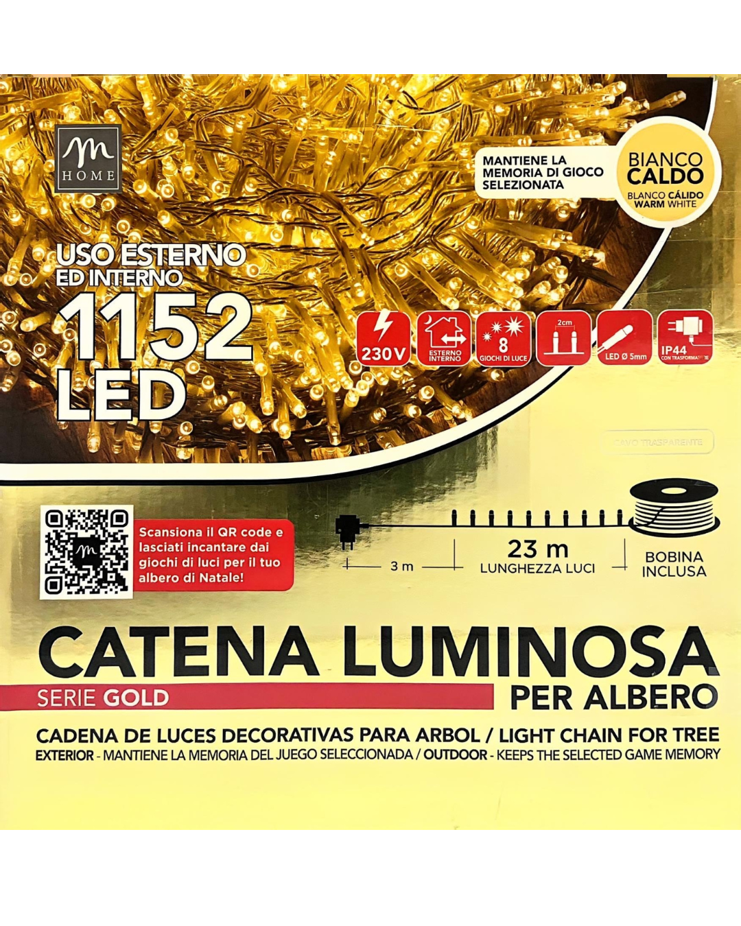 Catena Luminosa 1152 LED Bianco Caldo - Serie Gold con Cavo Trasparente
