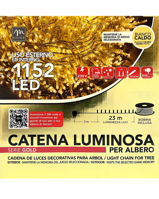 Catena Luminosa 1152 LED Bianco Caldo - Serie Gold con Cavo Trasparente