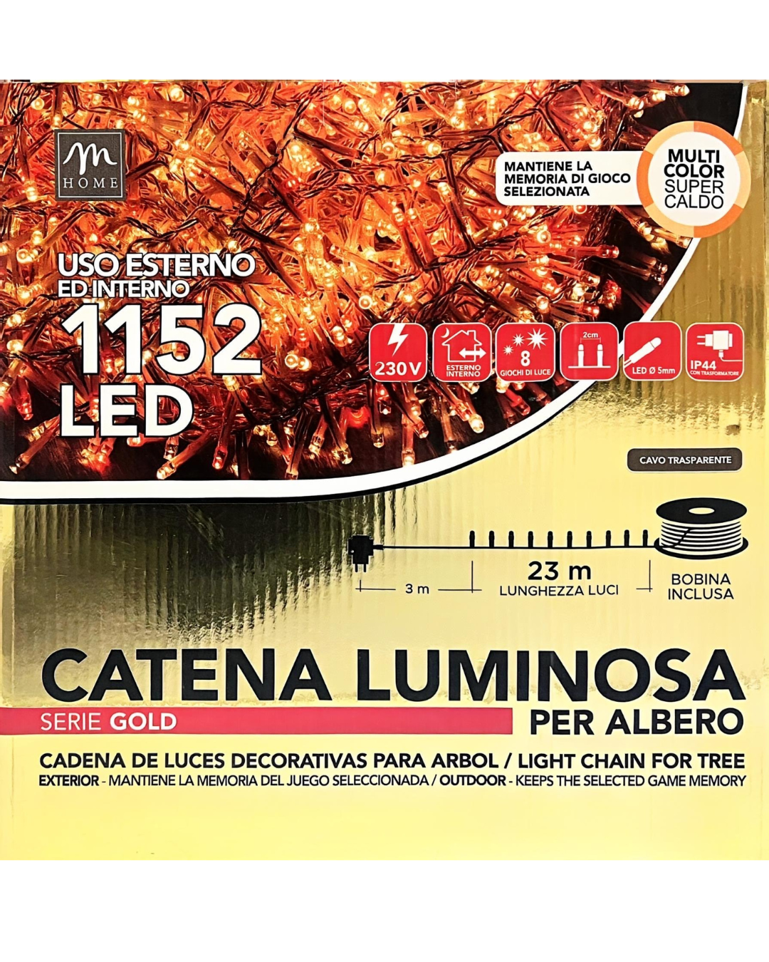 Catena Luminosa 1152 LED Super Caldo - Serie Gold con Cavo Trasparente (23m)