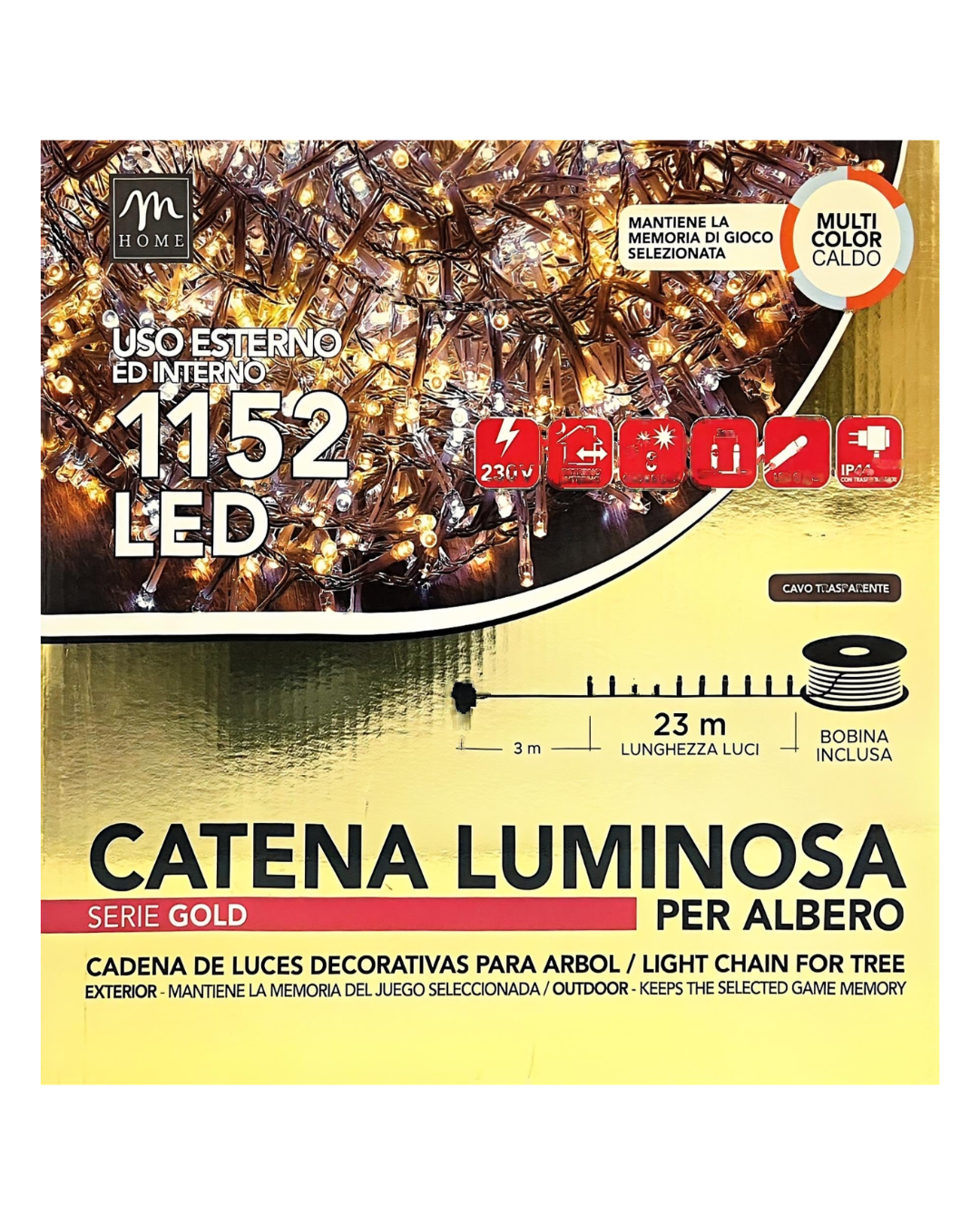 Catena Luminosa 1152 LED Multicolor Caldo - Serie Gold (23m) con Bobina
