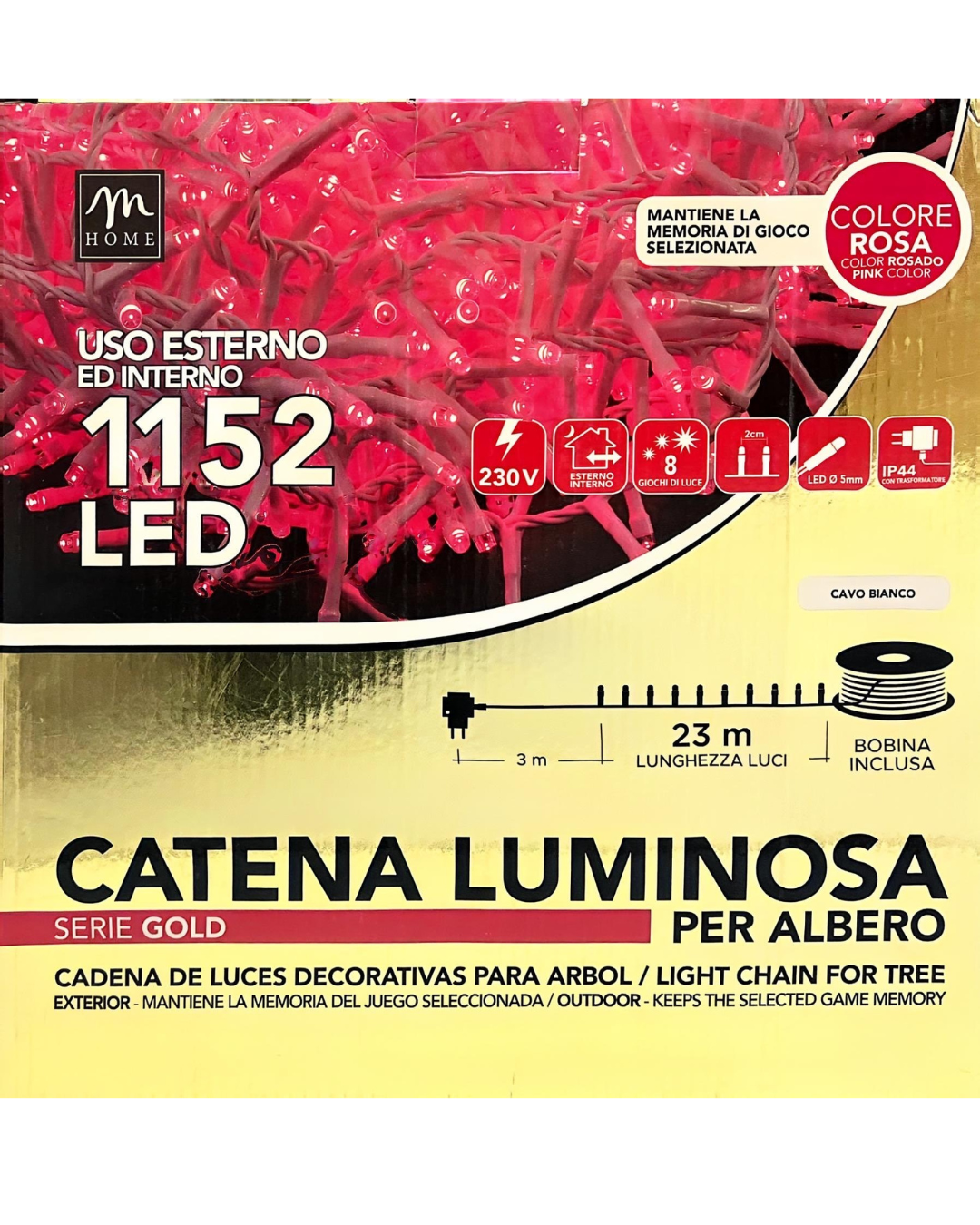 Catena Luminosa 1152 LED Rosa - Serie Gold con Bobina (23m)