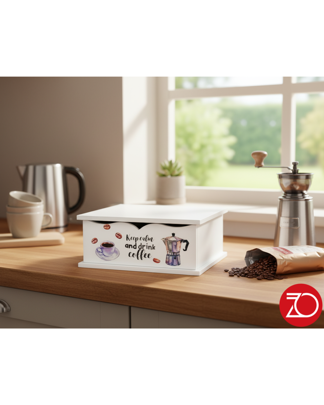 Portacialde in Legno Bianco con Stampa Moka – Organizzatore Capsule Caffè 27x33x11 cm