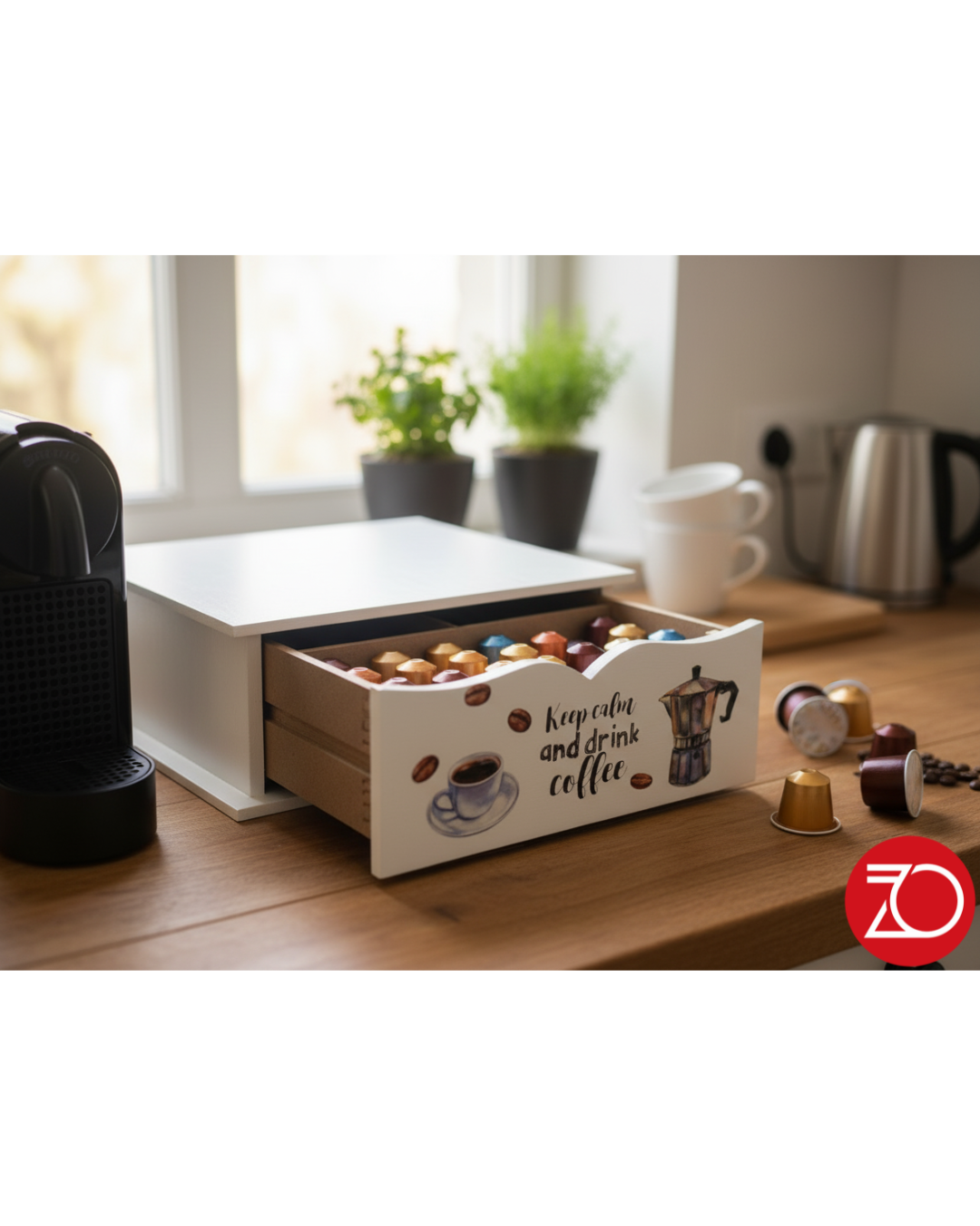 Portacialde in Legno Bianco con Stampa Moka – Organizzatore Capsule Caffè 27x33x11 cm