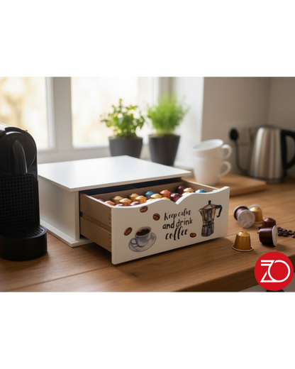 Portacialde in Legno Bianco con Stampa Moka – Organizzatore Capsule Caffè 27x33x11 cm
