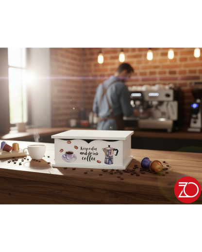 Portacialde in Legno Bianco con Stampa Moka – Organizzatore Capsule Caffè 27x33x11 cm