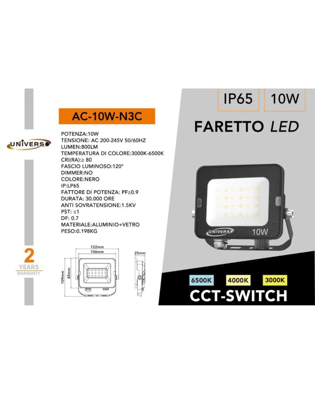 Faretto LED 10W IP65 CCT-Switch 3000K-6500K - Nero