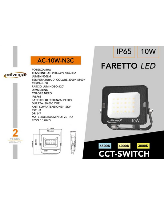 Faretto LED 10W IP65 CCT-Switch 3000K-6500K - Nero