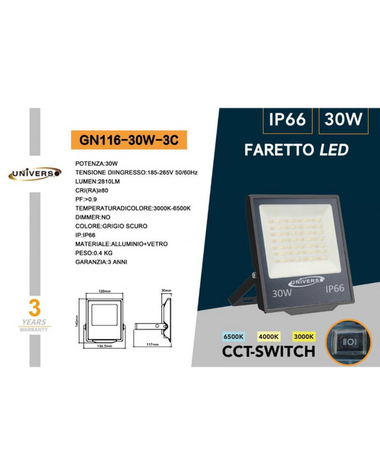 Faretto LED 30W IP66 CCT-Switch 3000K-6500K - 2810 Lumen
