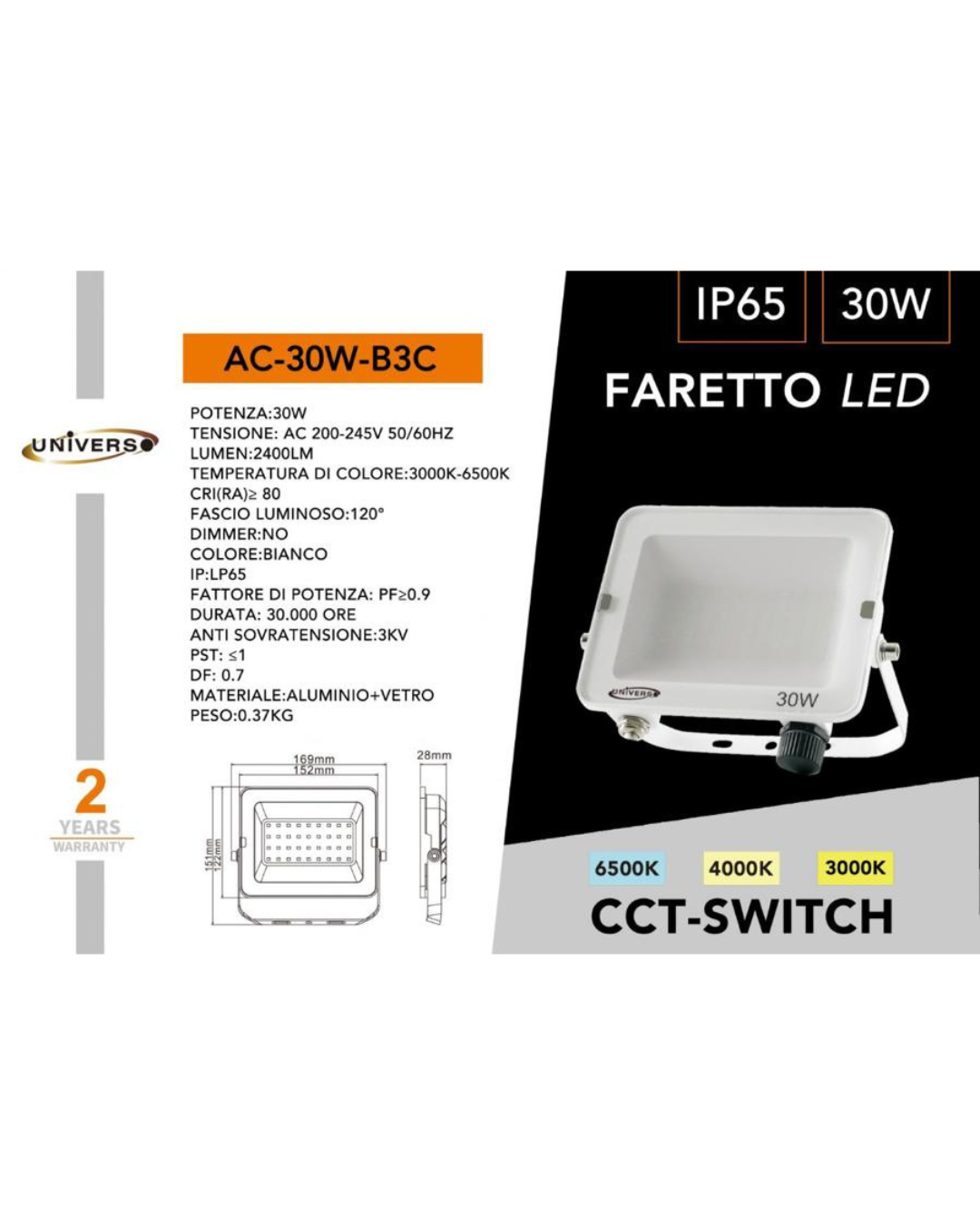 Faretto LED 30W IP65 CCT-Switch 3000K-6500K - 2400 Lumen