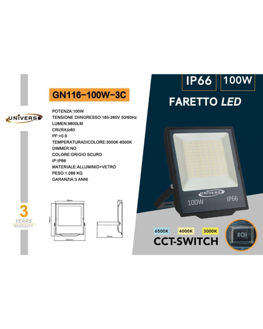 Faretto LED 100W IP66 CCT-Switch 3000K-6500K - 9800 Lumen