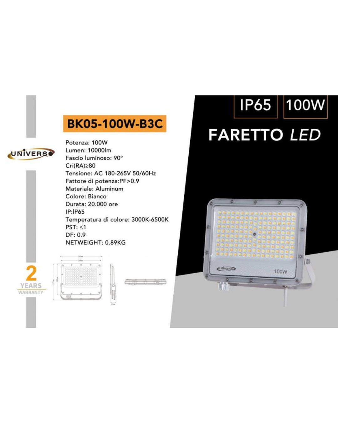 Faretto LED 100W IP65 CCT-Switch 3000K-6500K - 10000 Lumen
