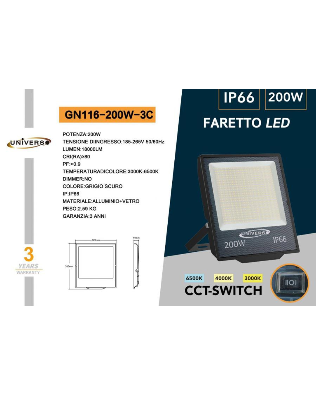 Faretto LED 200W IP66 CCT-Switch 3000K-6500K - Alta Luminosità 18000LM