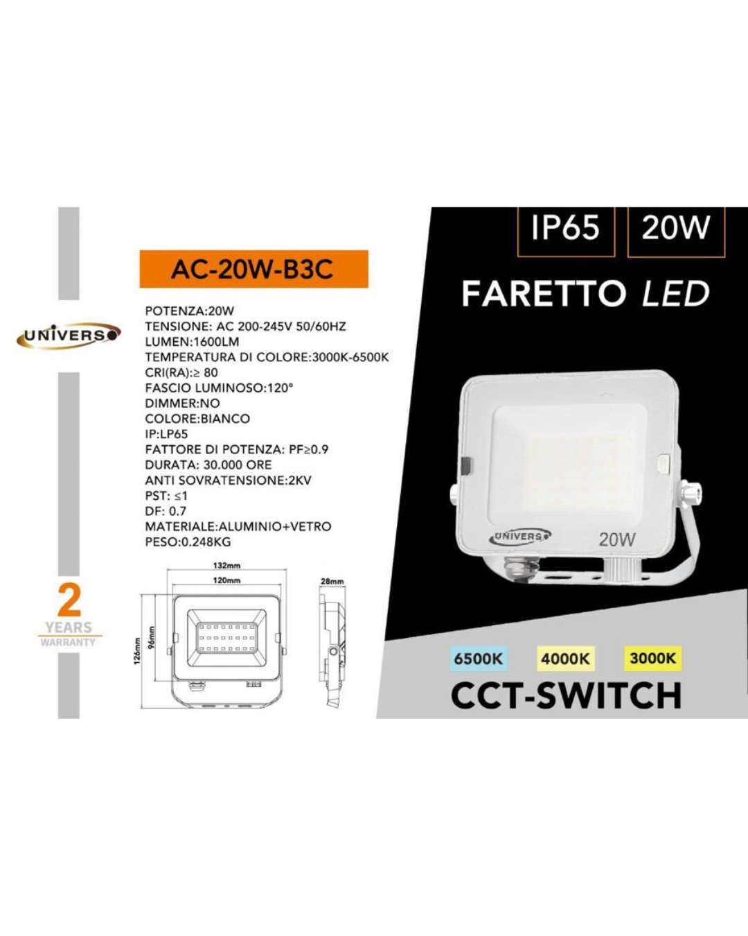 Faretto LED 20W IP65 CCT-Switch 3000K-6500K - 1600 Lumen