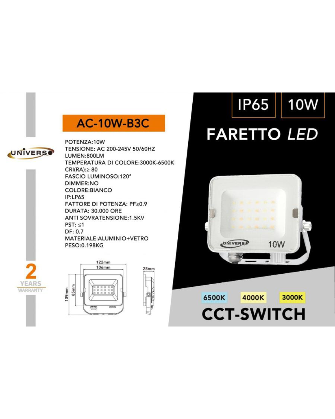 Faretto LED 10W IP65 CCT-Switch 3000K-6500K - Bianco