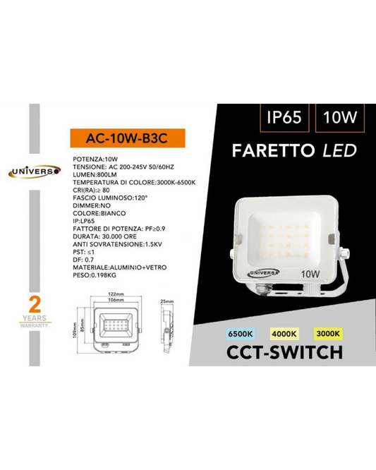 Faretto LED 10W IP65 CCT-Switch 3000K-6500K - Bianco