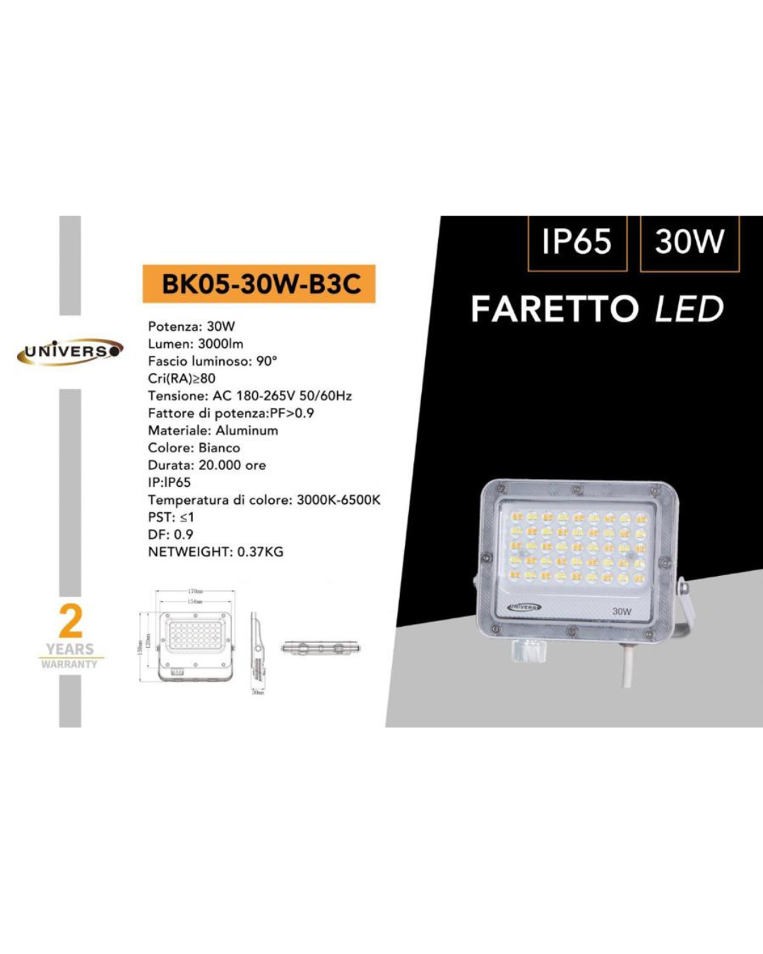 Faretto LED 30W IP65 CCT-Switch 3000K-6500K - 3000 Lumen
