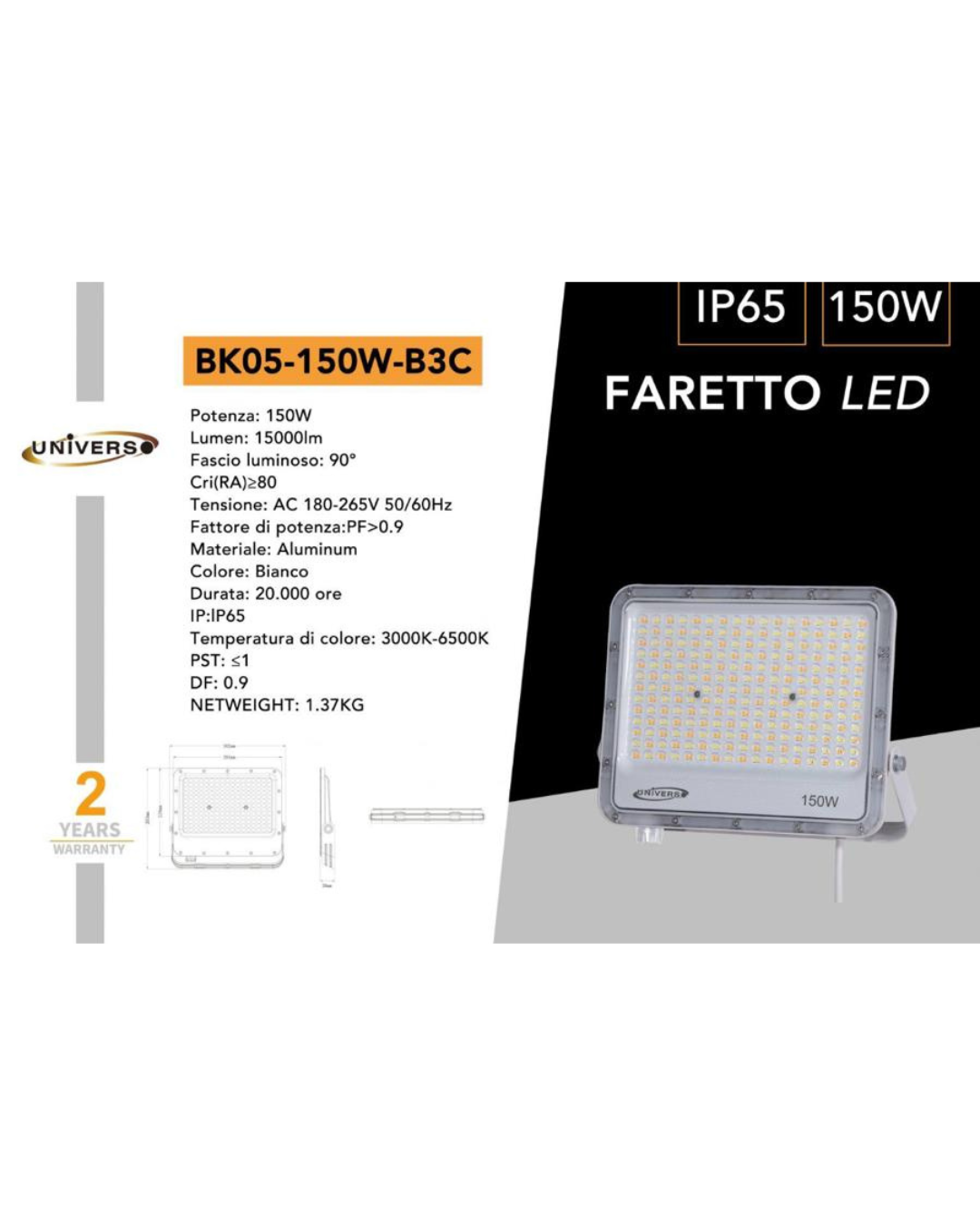 Faretto LED 150W IP65 CCT-Switch Bianco 3000K-6500K - 15000 Lumen