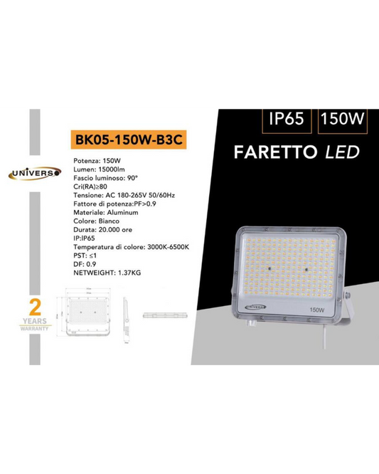 Faretto LED 150W IP65 CCT-Switch Bianco 3000K-6500K - 15000 Lumen