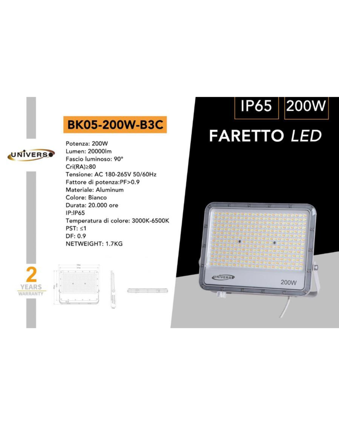 Faretto LED 200W IP65 CCT-Switch Bianco 3000K-6500K - 20000 Lumen