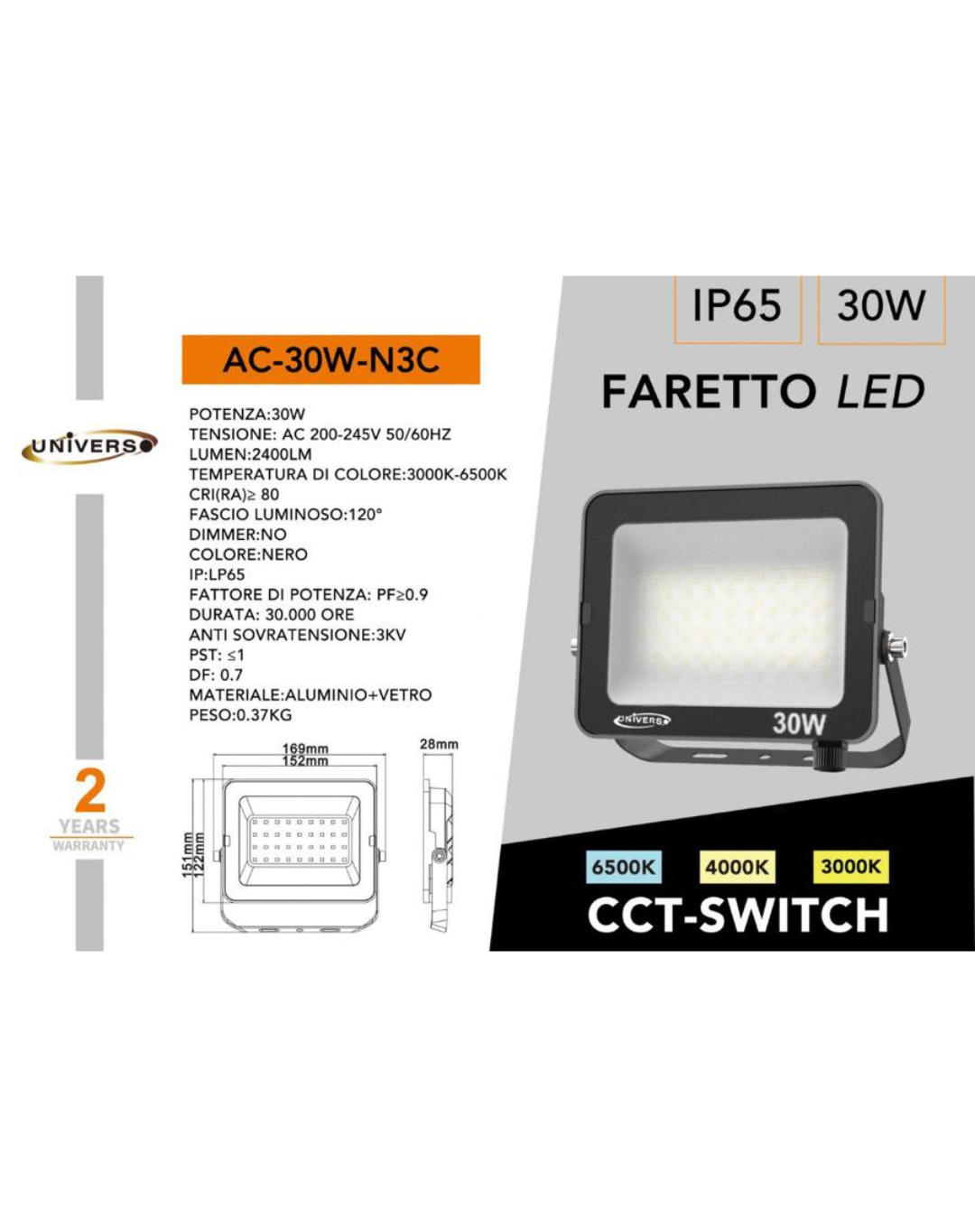 Faretto LED 30W IP65 CCT-Switch Nero 3000K-6500K - 2400 Lumen