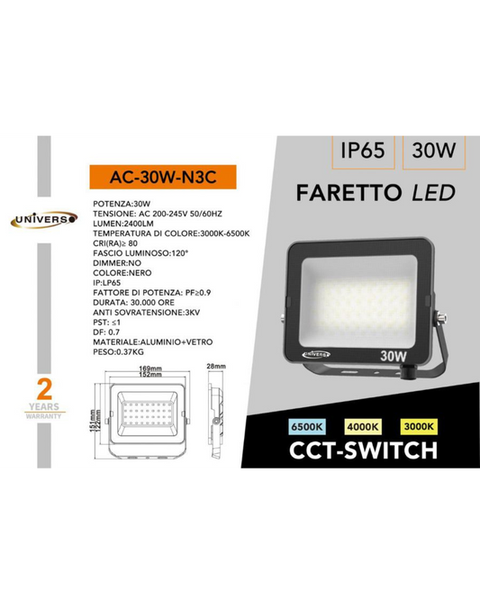 Faretto LED 30W IP65 CCT-Switch Nero 3000K-6500K - 2400 Lumen