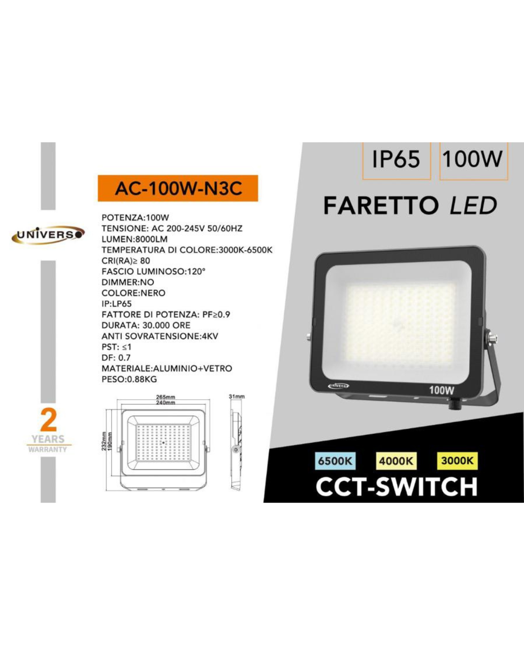 Faretto LED 100W IP65 CCT-Switch Nero 3000K-6500K - 8000 Lumen