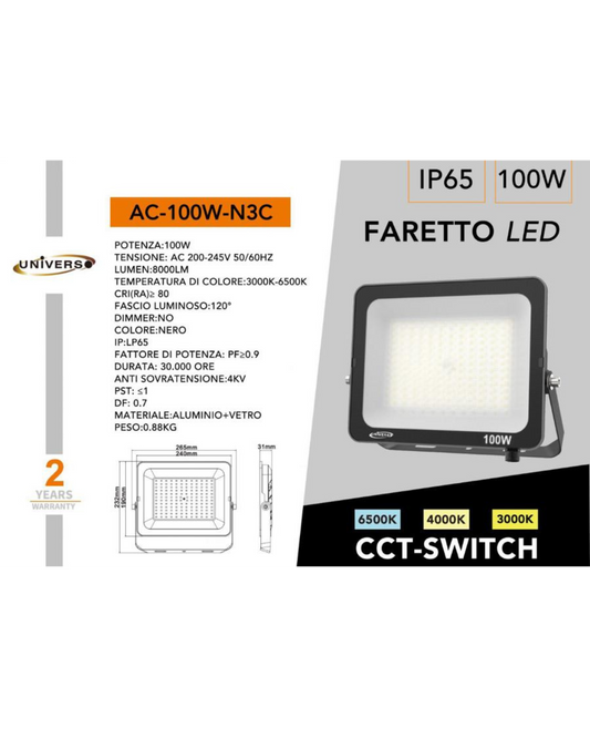 Faretto LED 100W IP65 CCT-Switch Nero 3000K-6500K - 8000 Lumen