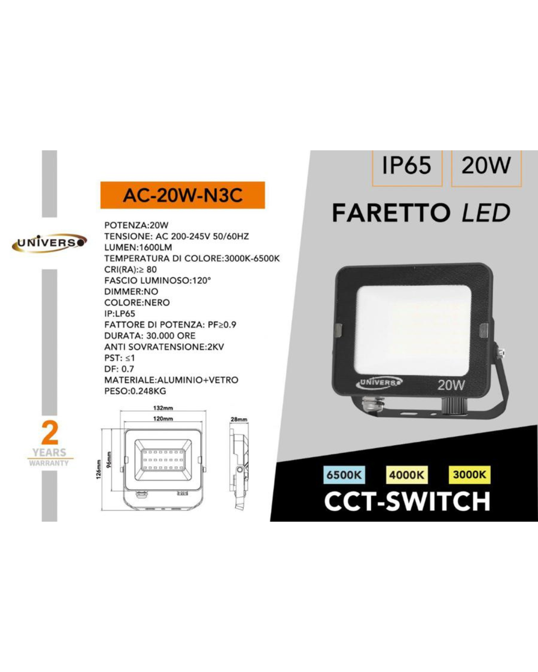 Faretto LED 20W IP65 CCT-Switch Nero 3000K-6500K - 1600 Lumen