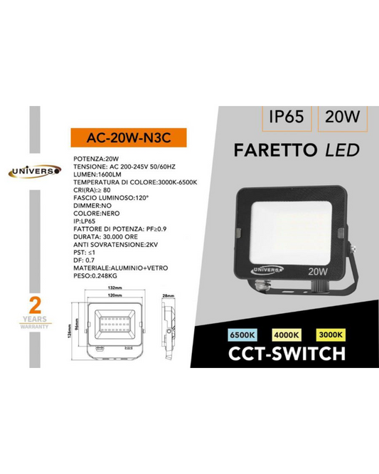 Faretto LED 20W IP65 CCT-Switch Nero 3000K-6500K - 1600 Lumen