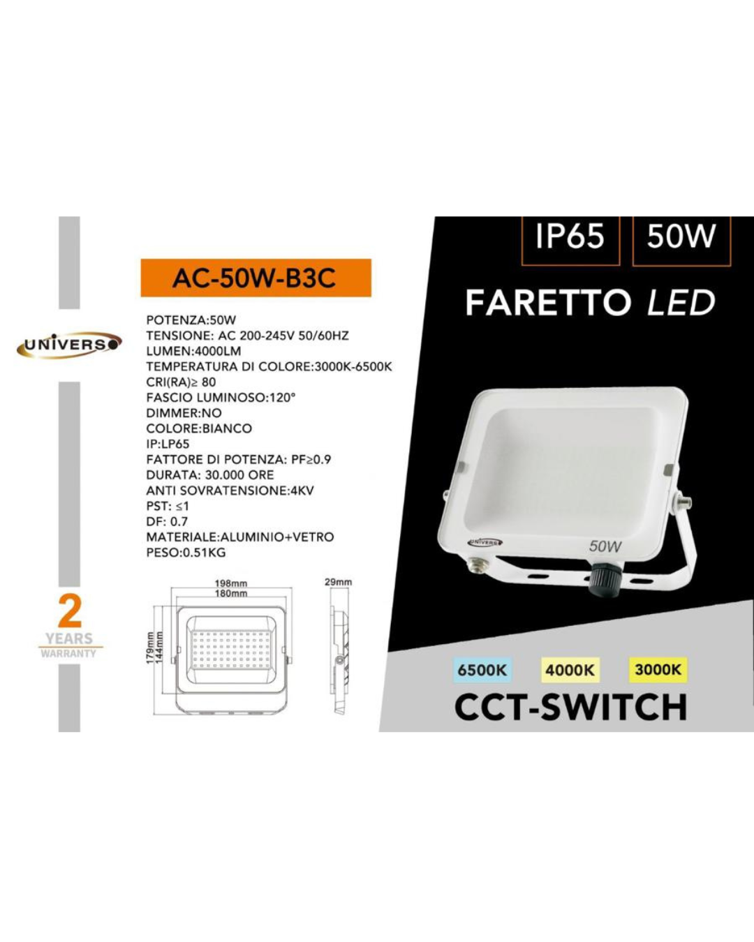 Faretto LED 50W IP65 CCT-Switch Bianco 3000K-6500K - 4000 Lumen