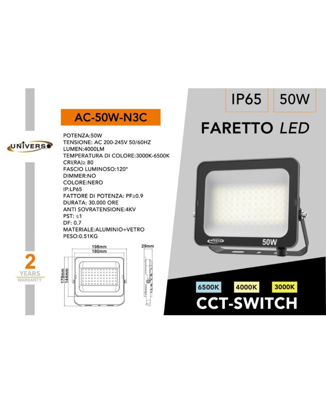 Faretto LED 50W IP65 CCT-Switch Nero 3000K-6500K - 4000 Lumen