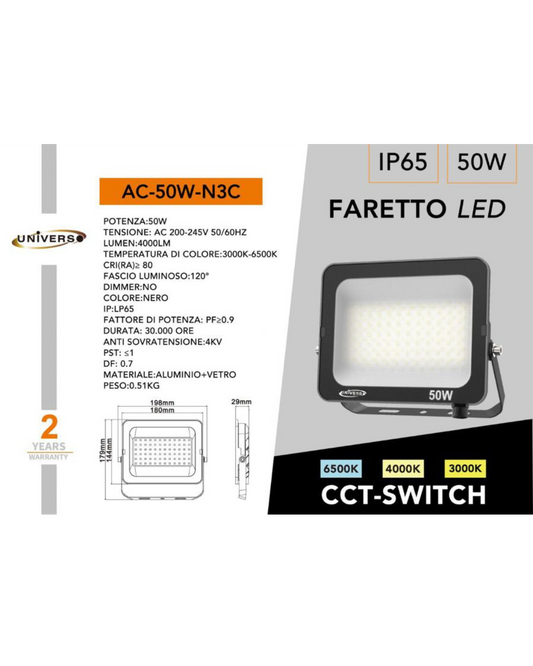 Faretto LED 50W IP65 CCT-Switch Nero 3000K-6500K - 4000 Lumen