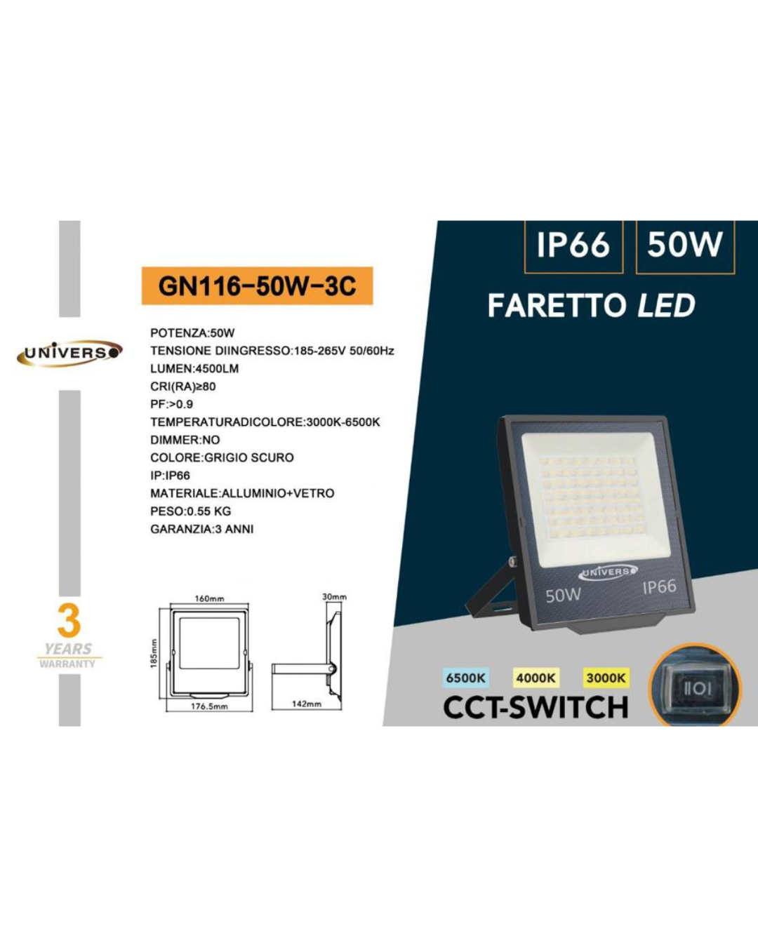 Faretto LED 50W IP66 CCT-Switch 3000K-6500K - 4500 Lumen