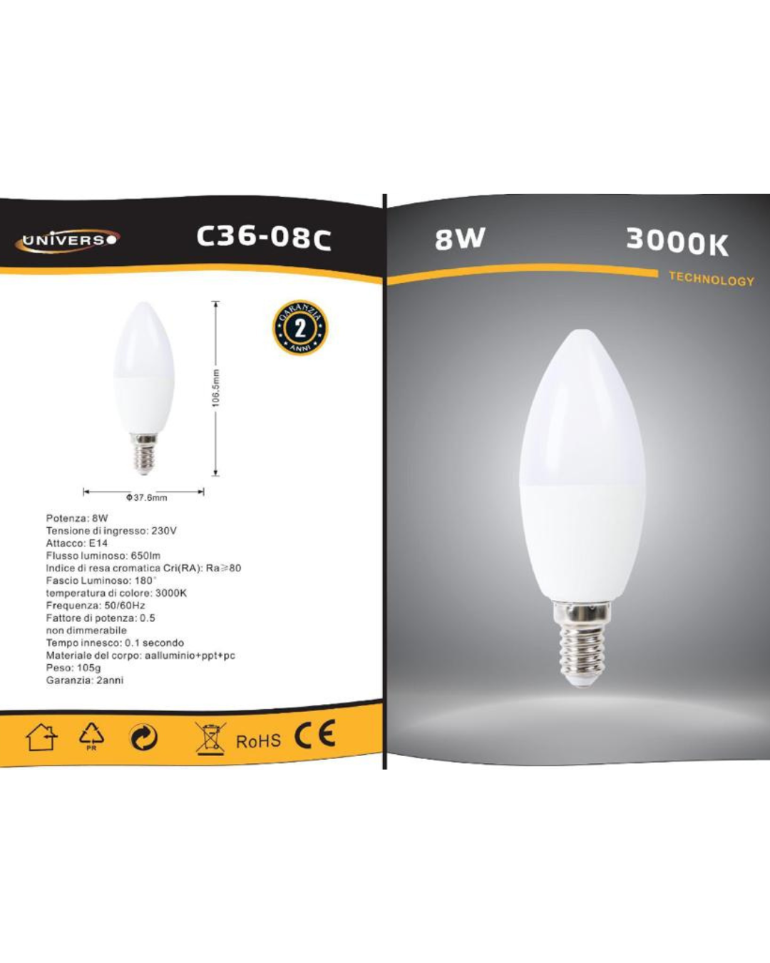 Lampadina LED Candela E14 8W 3000K 650 lm | C36-08C – Universo LED Candela