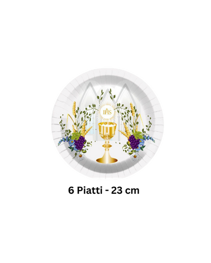 Set di 6 piatti da 23 cm per Prima Comunione con calice dorato e decorazioni floreali.