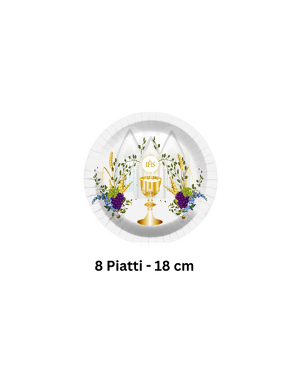 Set di 8 piatti da 18 cm decorati con calice dorato e simboli floreali per la Prima Comunione.