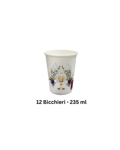 12 bicchieri in cartone decorati per Prima Comunione, 235 ml, con simboli religiosi e fiori raffinati.