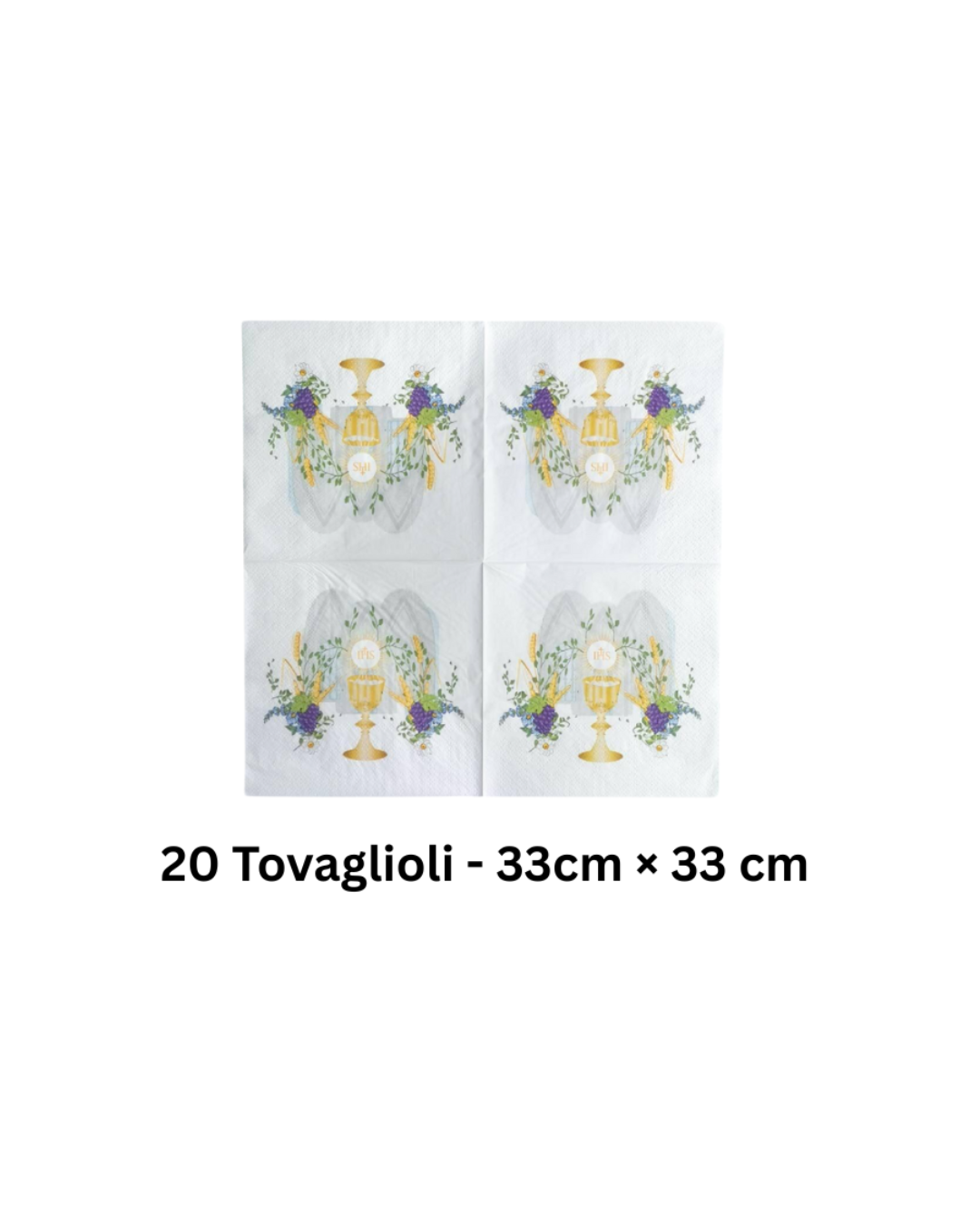 20 tovaglioli decorati con calice dorato e fiori, perfetti per la Prima Comunione.