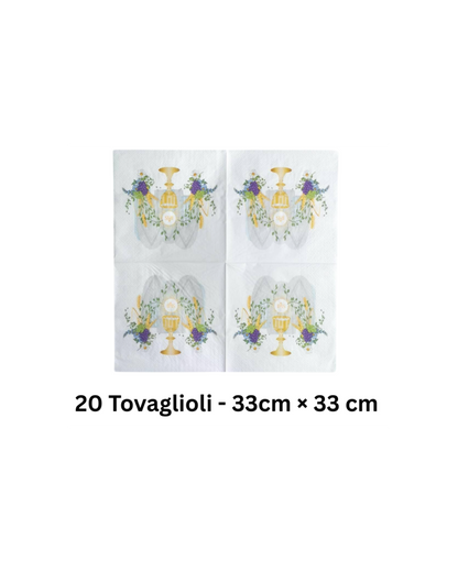 20 tovaglioli decorati con calice dorato e fiori, perfetti per la Prima Comunione.