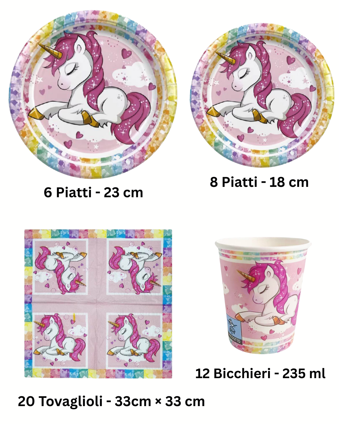Set tavola Unicorno Rosa con piatti, bicchieri e tovaglioli per bambini