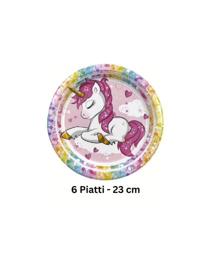 Set tavola con unicorno rosa e dettagli arcobaleno per feste indimenticabili
