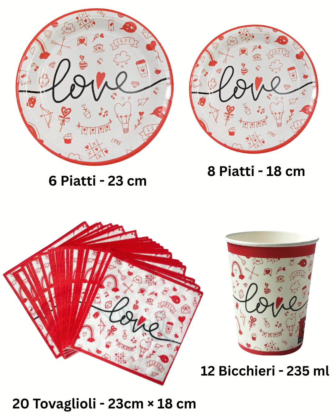 Set Festa Love San Valentino con piatti e bicchieri eleganti