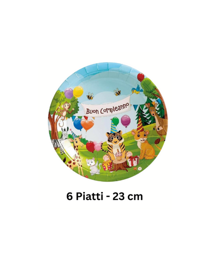 Set Festa Compleanno Animali della Giungla – Piatti, Bicchieri e Tovaglioli "Buon Compleanno"