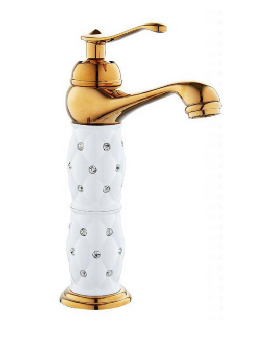 Miscelatore per Lavabo Alto in Ceramica Bianca e Oro - Design Classico, Girevole, Anticalcare