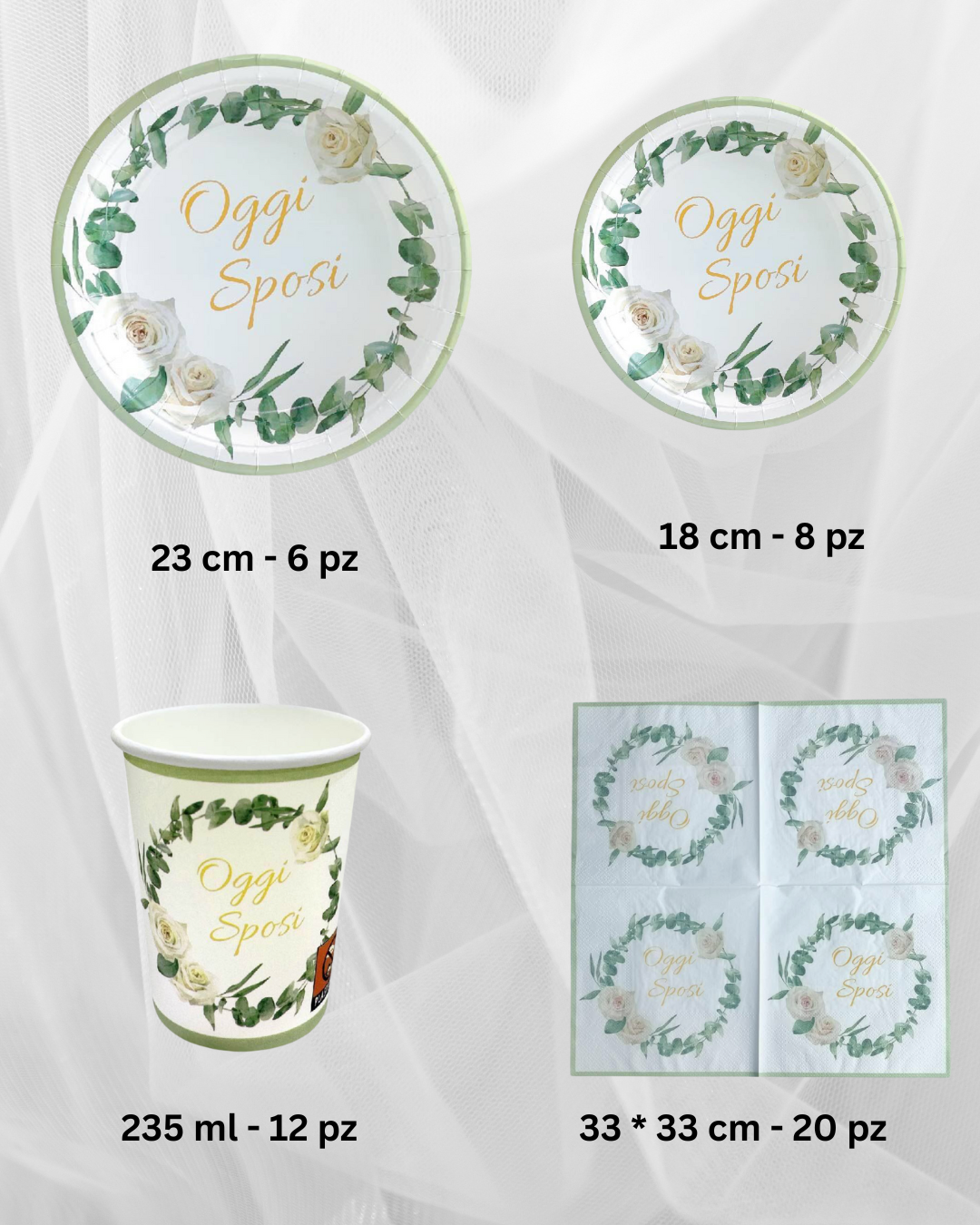 Set Coordinato Tavola "Oggi Sposi" – Piatti, Bicchieri e Tovaglioli Eleganti per Matrimonio