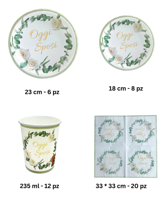 Set Coordinato Tavola "Oggi Sposi" – Piatti, Bicchieri e Tovaglioli Eleganti per Matrimonio